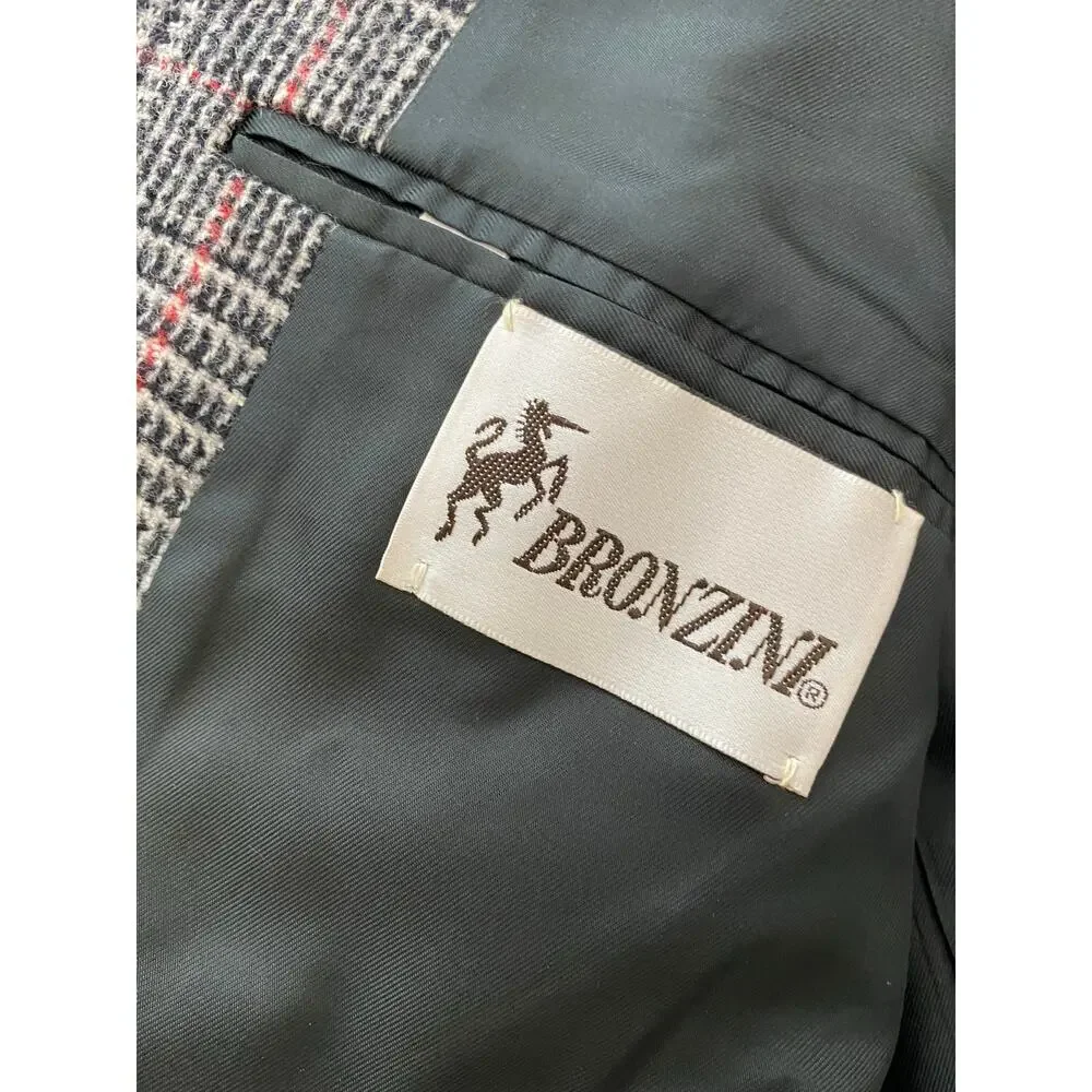 Bronzini Men's 40R Lined 100% Wool Black Red Classic Plaid‎ Blazer *